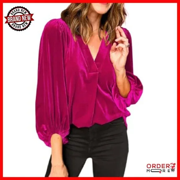 Velvet V-Neck Puff Sleeve Tunic Top - Loose Fit Fall Winter - Picture 2 of 5